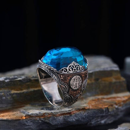 Aquamarin-Herrenring aus Sterlingsilber im osmanischen Stil – personalisierbar