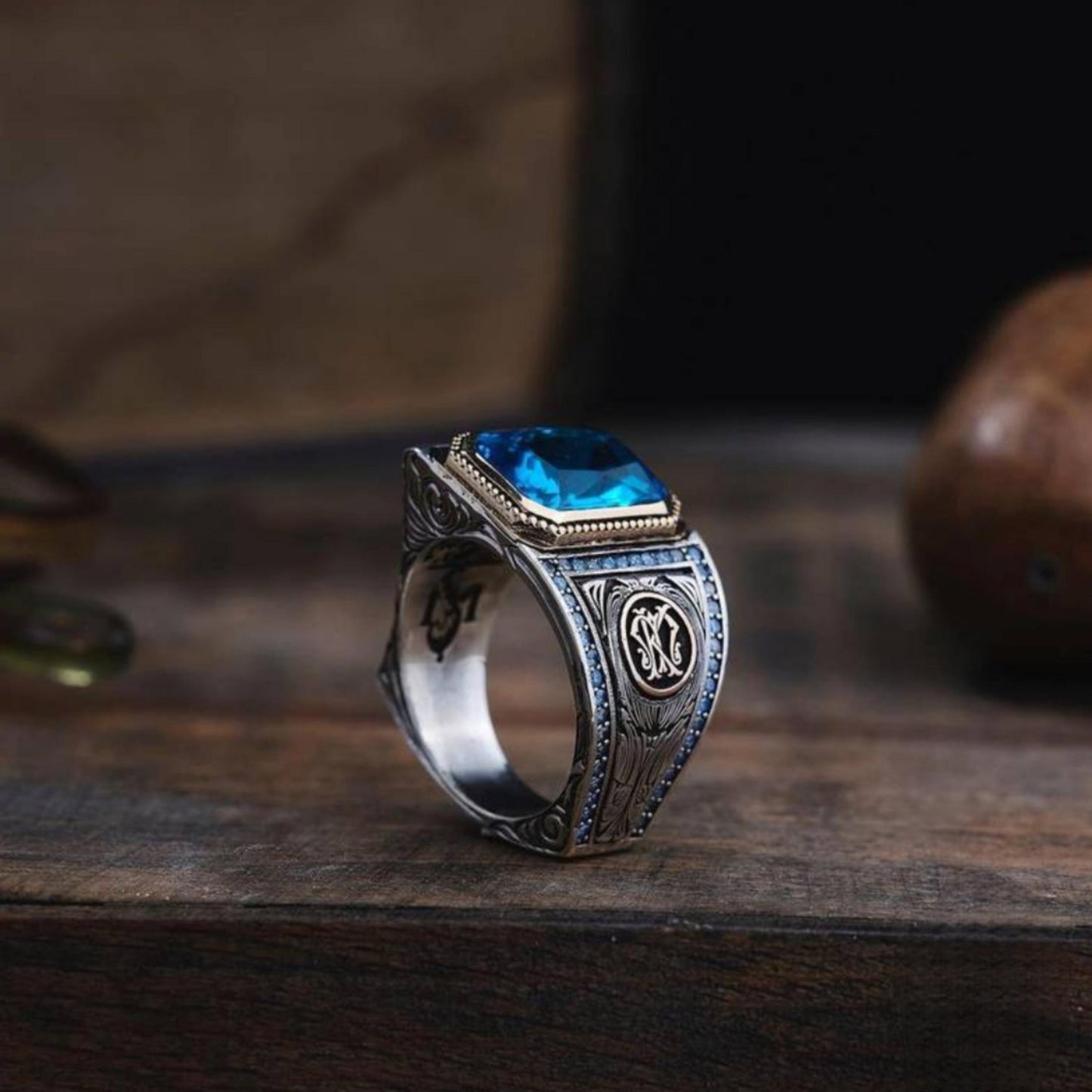 Aquamarine & Topaz Ring – Engraved Lines 925 Silver | Men's Ring