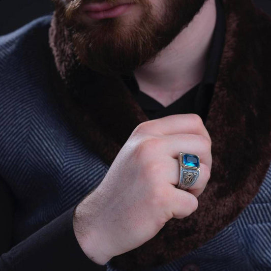 Aquamarine & Topaz Ring – Engraved Lines 925 Silver | Men's Ring