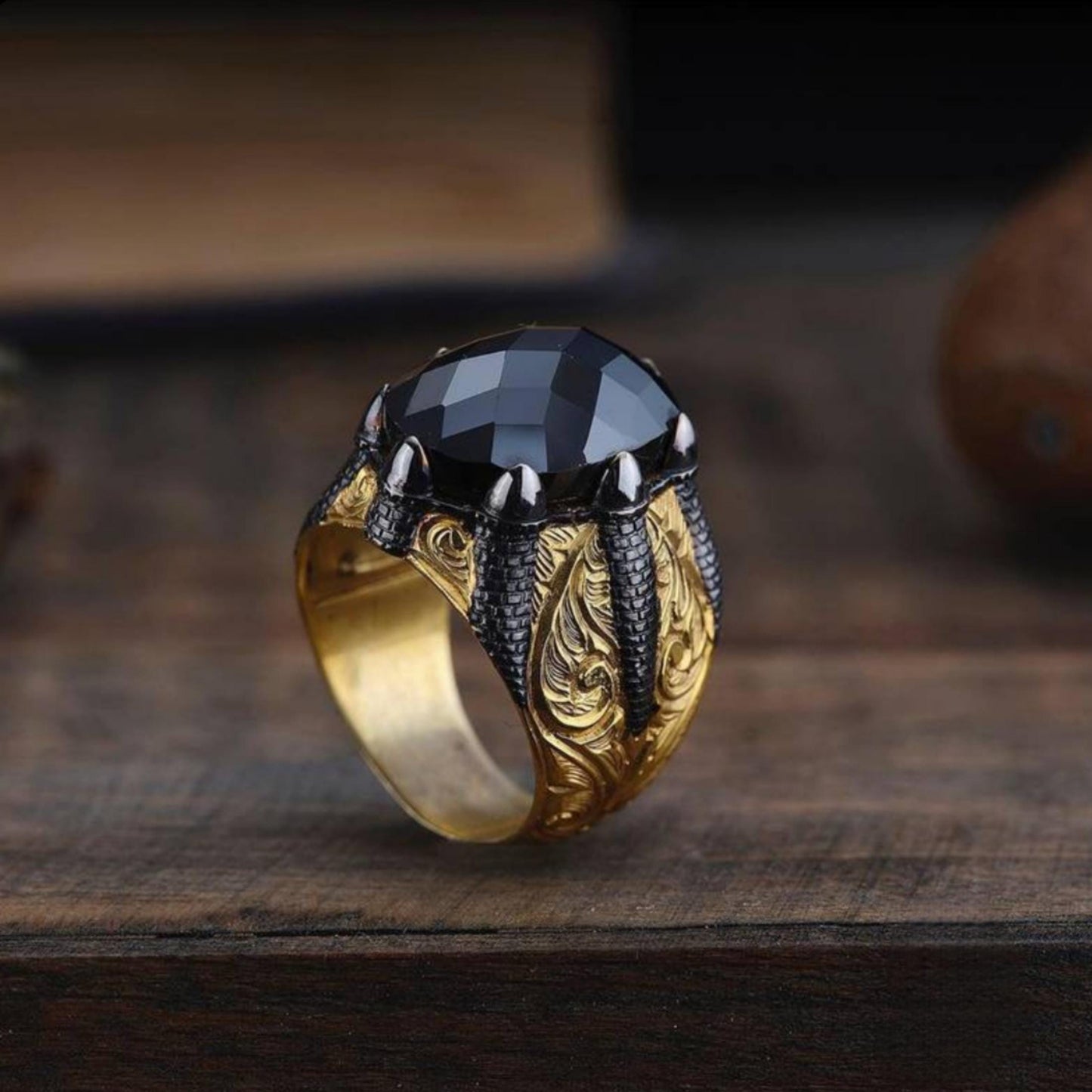 Black Aquamarine Ring – Cage Design | 925 Silver Men's Ring