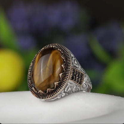 Tiger Eye Ring – Black Zircon & Engraved 925 Silver | Men's Ring