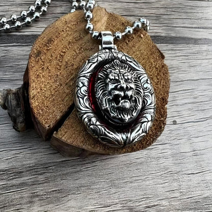 3D Lion Silver Necklace with Red Fire Amber Stone Handmade Gift