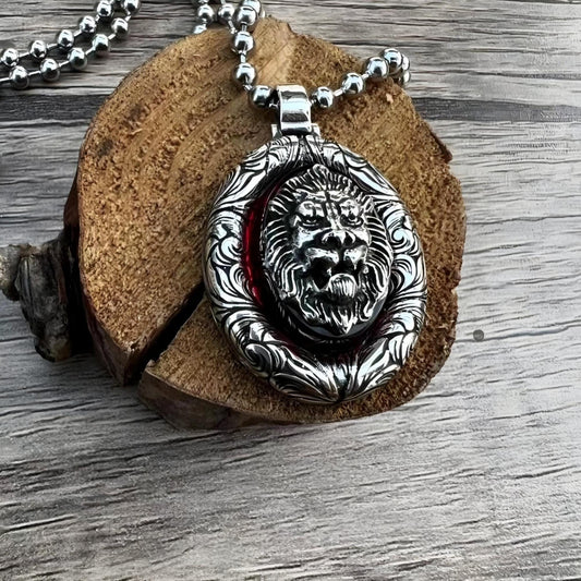3D Lion Silver Necklace with Red Fire Amber Stone Handmade Gift