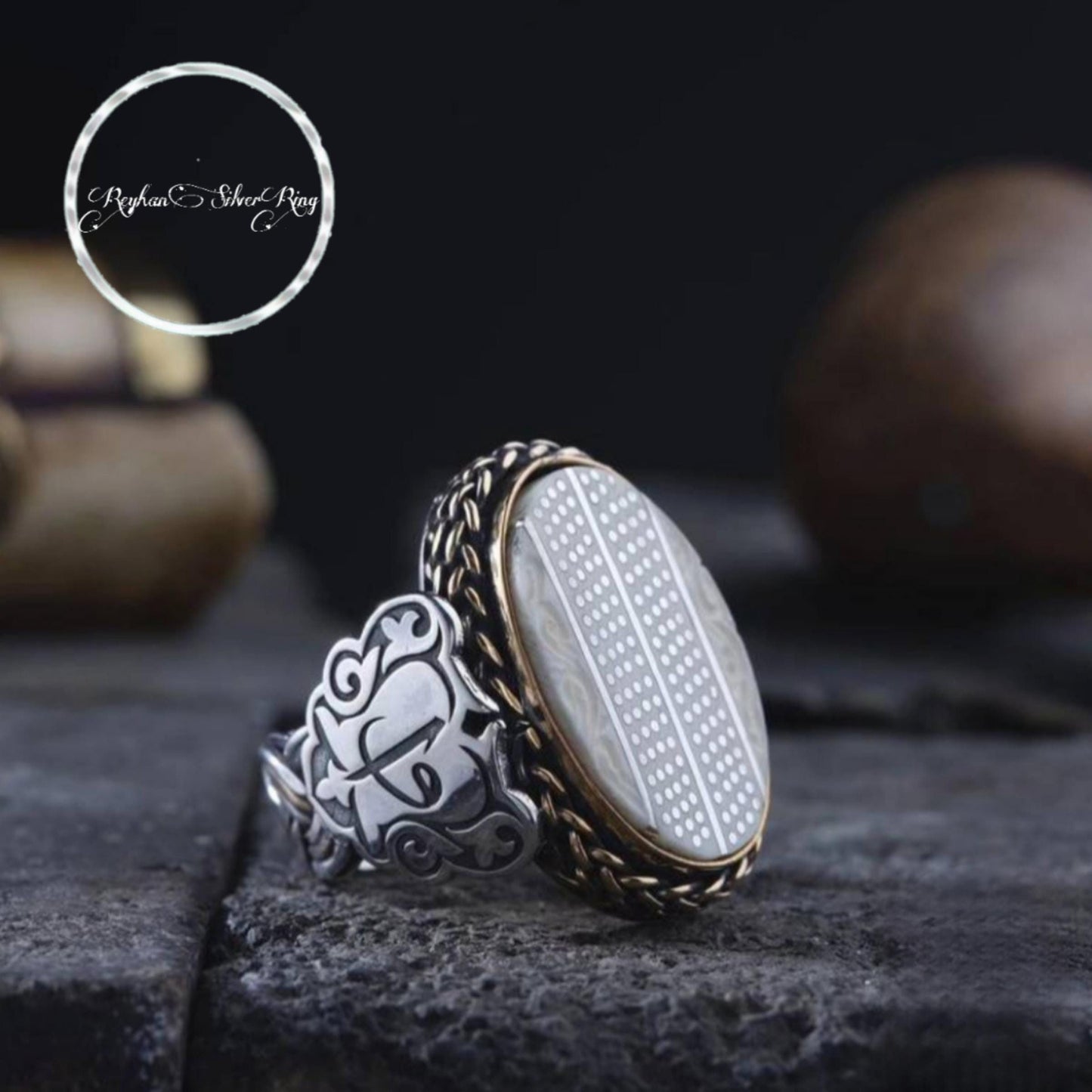 White Pearl Ring – Arabic Elif & Vav Calligraphy | 925 Silver