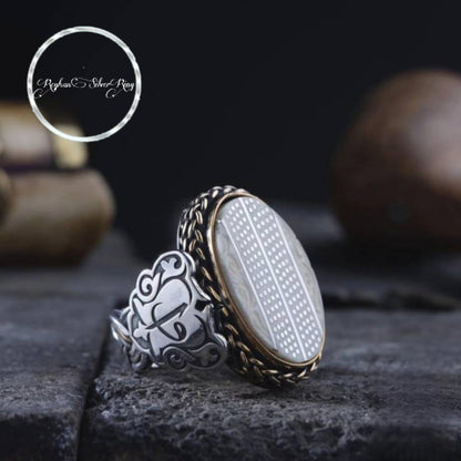 White Pearl Ring – Arabic Elif & Vav Calligraphy | 925 Silver