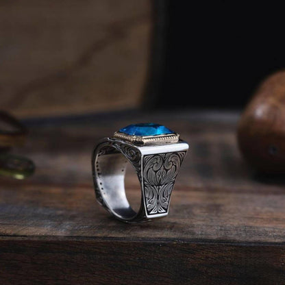 Aquamarine & Topaz Ring – Engraved Lines 925 Silver | Men's Ring