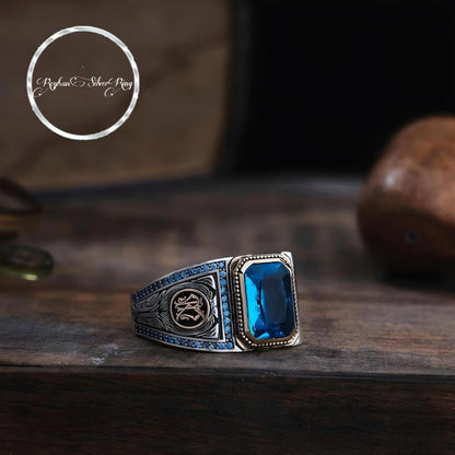 Aquamarine & Topaz Ring – Engraved Lines 925 Silver | Men's Ring