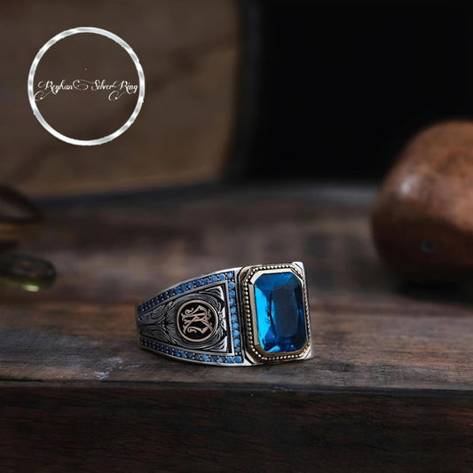 Aquamarine & Topaz Ring – Engraved Lines 925 Silver | Men's Ring