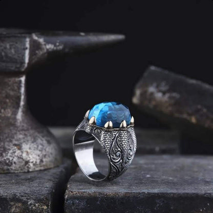 Aquamarine Ring – OttomanMotif Claw Setting | 925 Silver Men's Ring