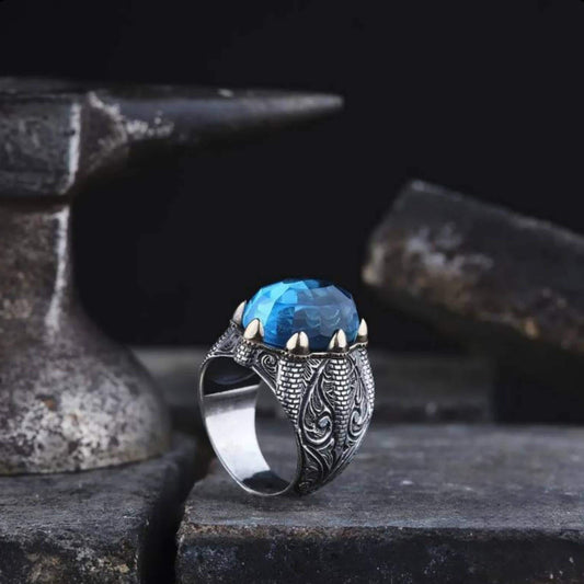 Aquamarine Ring – OttomanMotif Claw Setting | 925 Silver Men's Ring