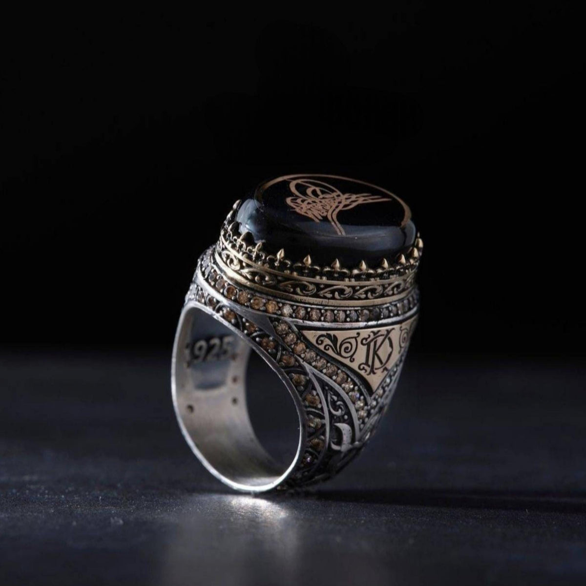 Ottoman Tughra Ring, Black Amber, Custom Initials – view 3