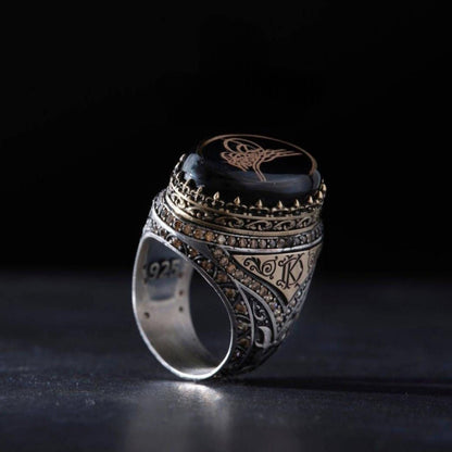Ottoman Tughra Ring, Black Amber, Custom Initials – view 3