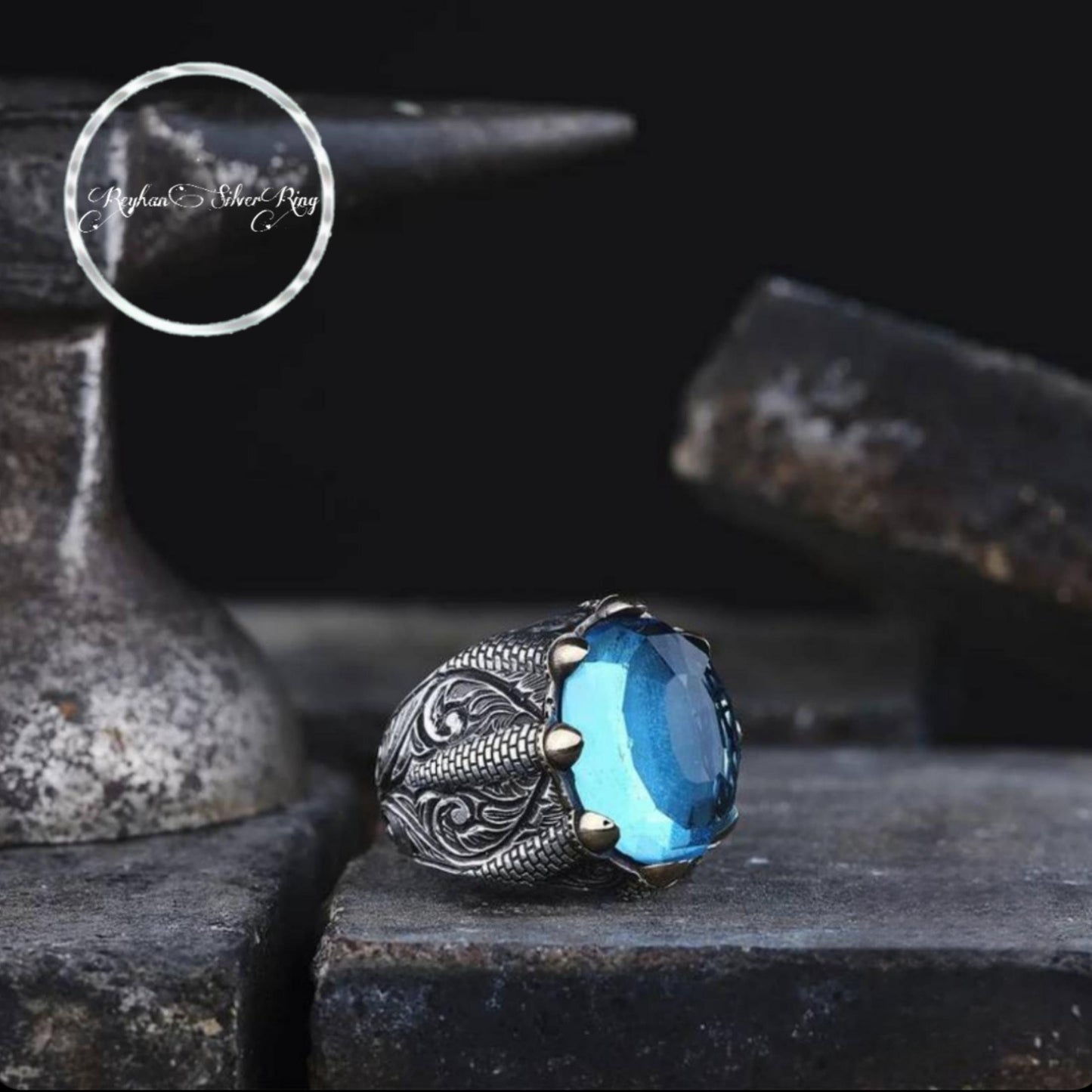Aquamarine Ring – OttomanMotif Claw Setting | 925 Silver Men's Ring