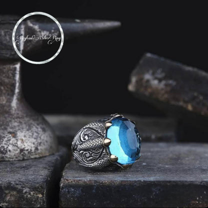 Aquamarine Ring – OttomanMotif Claw Setting | 925 Silver Men's Ring