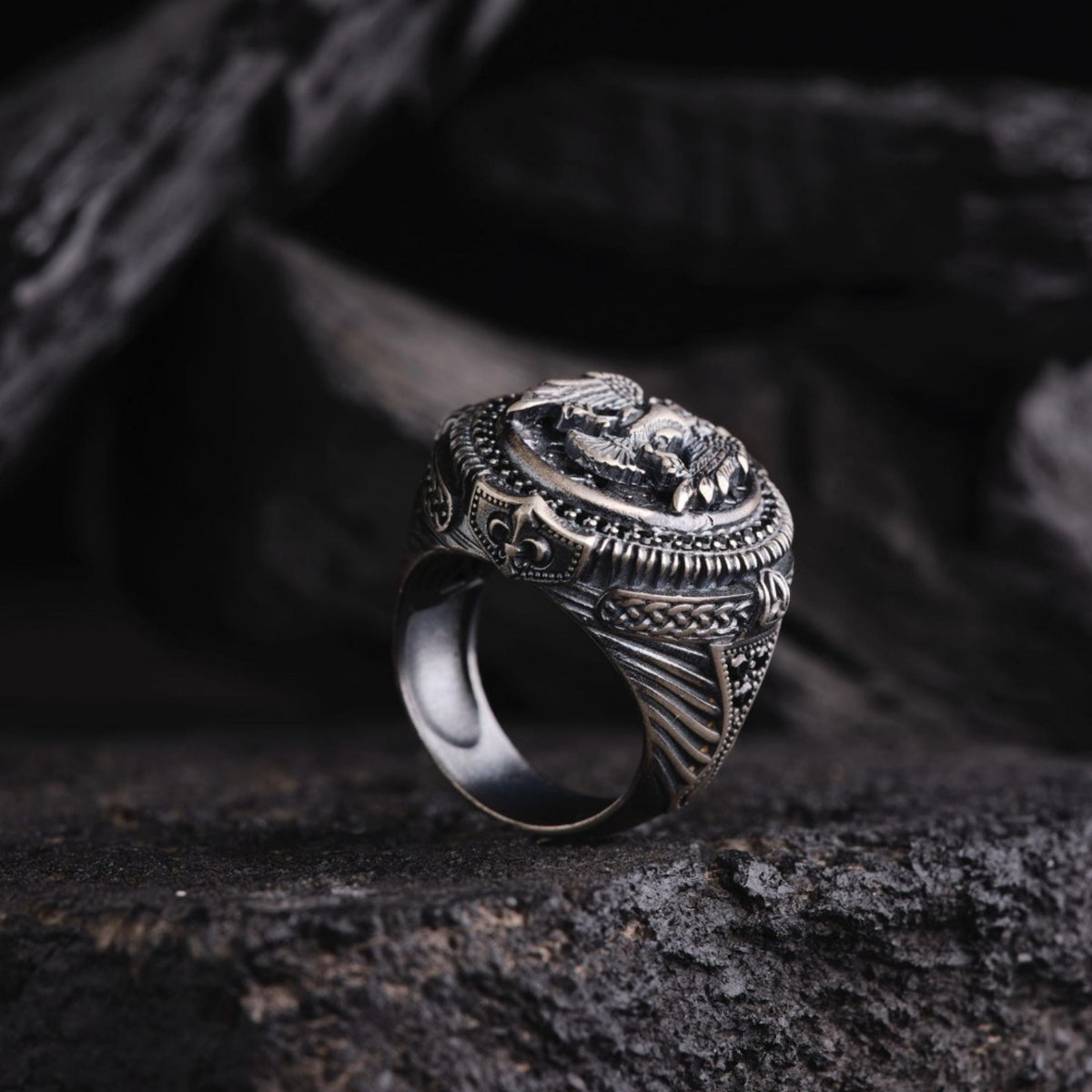 3D double-headed eagle ring with micro stones – view 3
