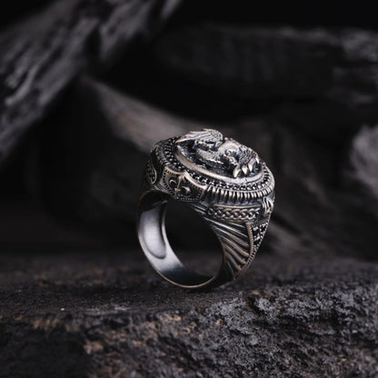 3D double-headed eagle ring with micro stones – view 3
