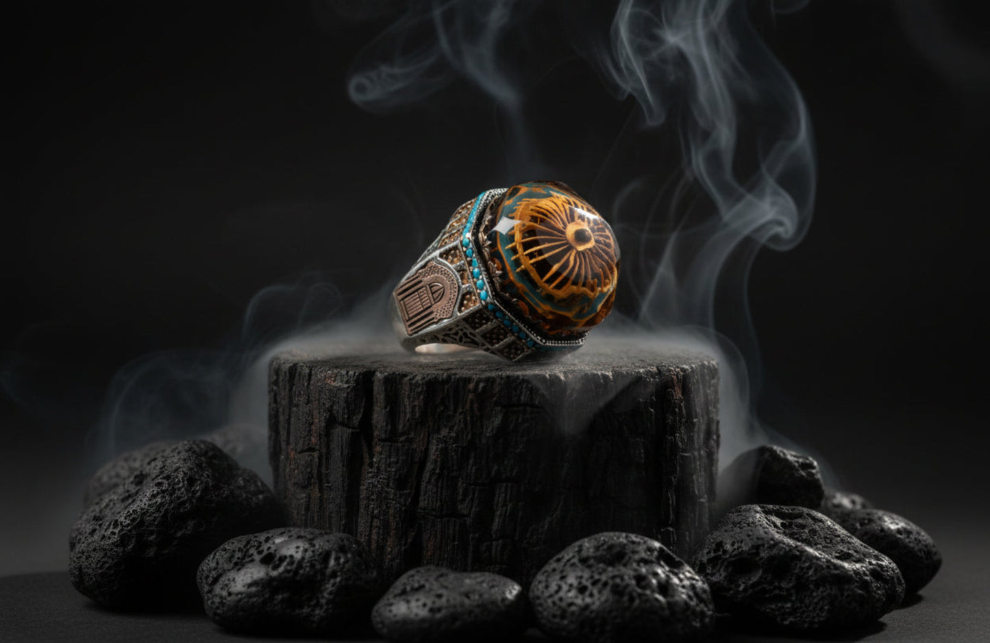 Ottoman Turquoise Ring 925 Silver 3D Carved Islamic Handmade