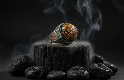Ottoman Turquoise Ring 925 Silver 3D Carved Islamic Handmade