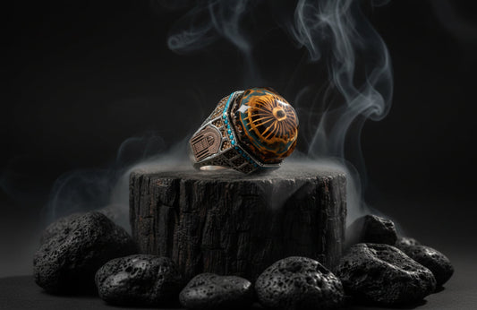 Ottoman Turquoise Ring 925 Silver 3D Carved Islamic Handmade