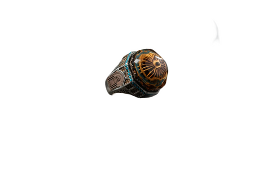 Ottoman Turquoise Ring 925 Silver 3D Carved Islamic Handmade