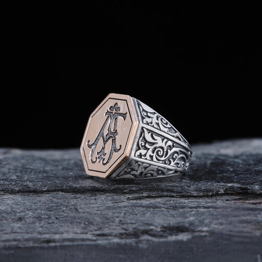 Octagonal Custom 925 Sterling Silver Ring – Handmade Unisex Letter Signet Ring