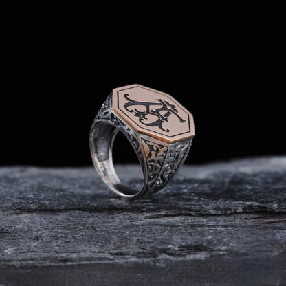 Achteckiger personalisierter Ring aus 925er Sterlingsilber – Unisex, handgefertigter Siegelring mit individuellem Buchstabenmotiv