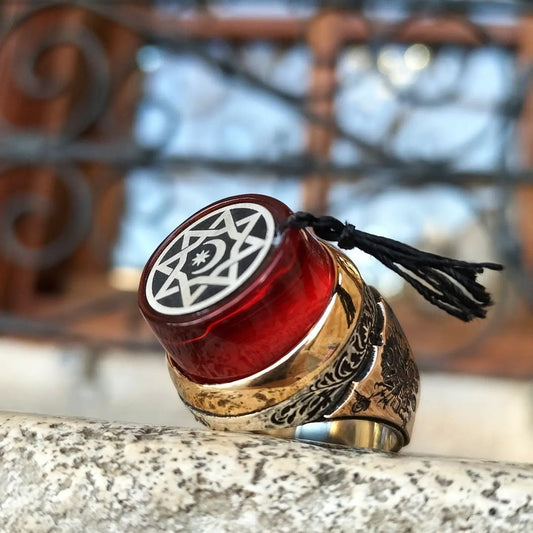Red Stone Fez Ring 925 Silver Moon Star