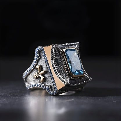 Blue Zircon Baguette Sterling Silver Unisex Ring