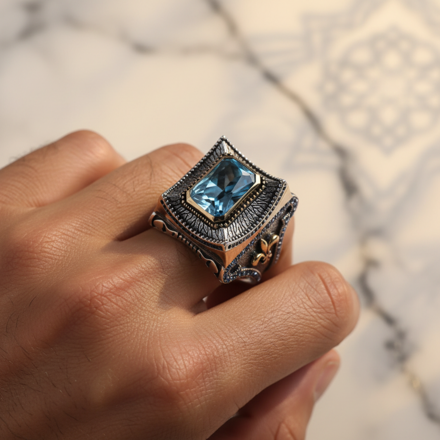 Blue Zircon Baguette Sterling Silver Unisex Ring