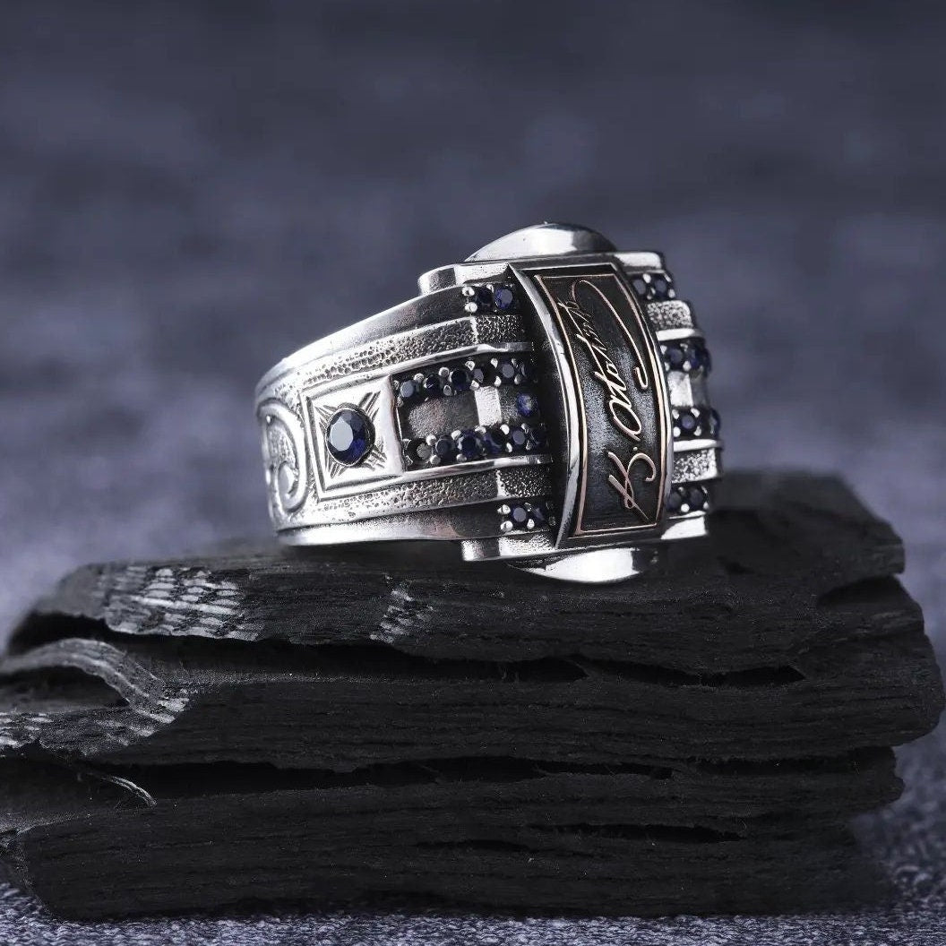 Ataturk Ring 925 Silver Men Blue Zirconia Handmade Turkish