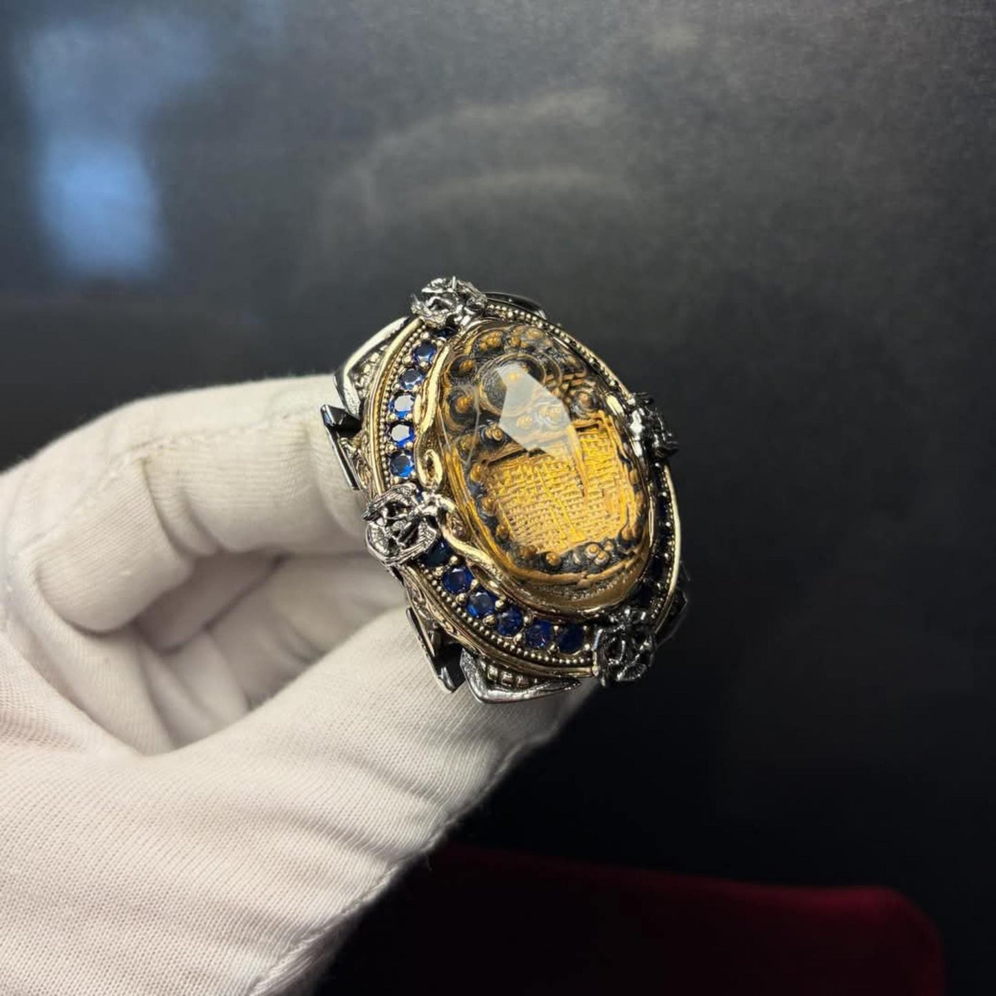Handgeschnitzter Sultan-Ahmed-Moschee-Ring mit natürlichem Quarz – 925er Sterlingsilber