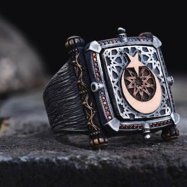 Ottoman Seal Ring 925 Silver Moon Star Signet Handmade