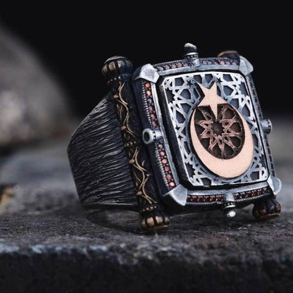 Ottoman Seal Ring 925 Silver Moon Star Signet Handmade