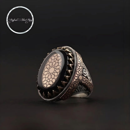 Authentischer Ring aus 925er Silber mit schwarzem Feuerbernstein, Seldschukenkunst – handgefertigter Schmuck