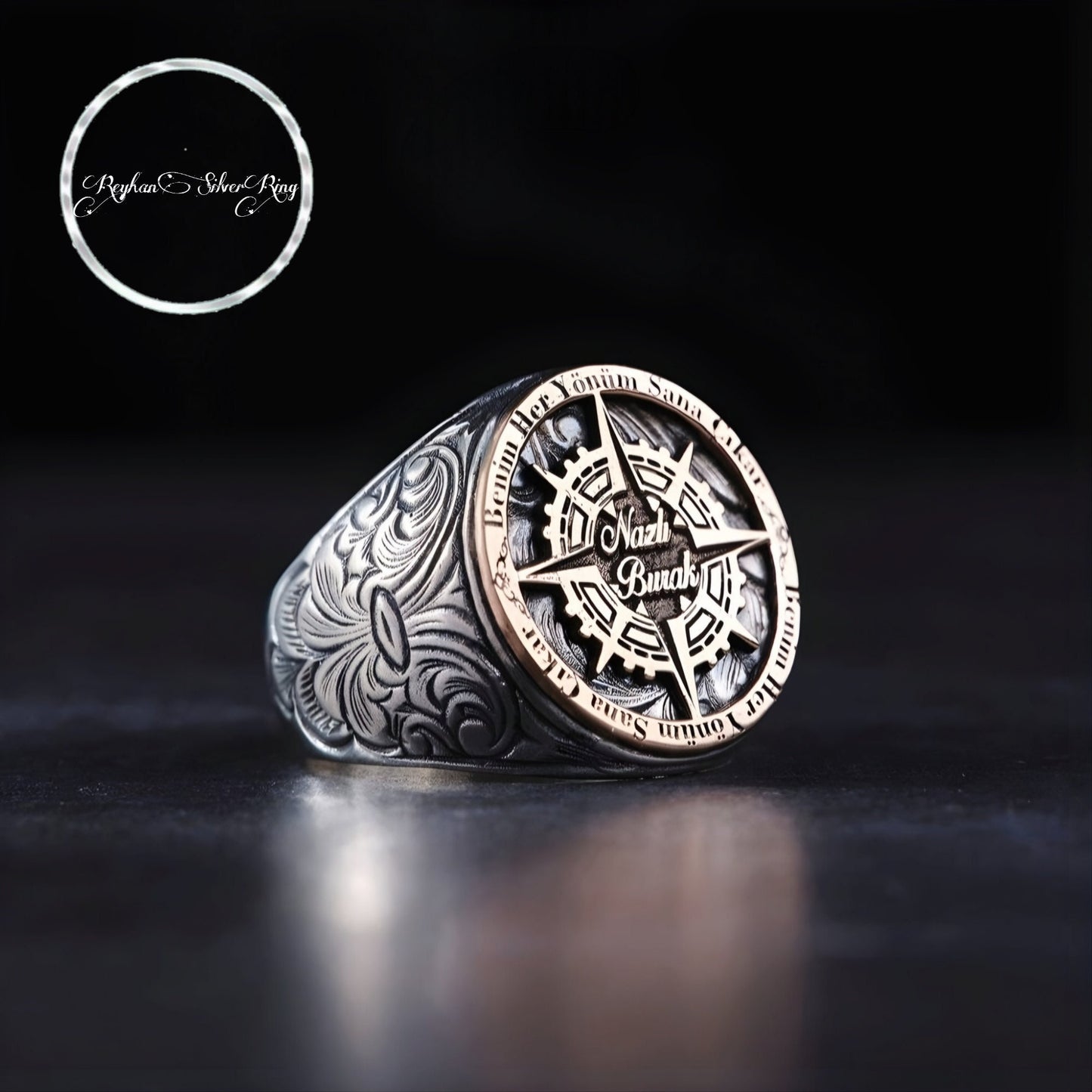 Compass Map Ring 925 Silver Personalized Ottoman Men Handmade