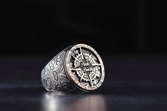 Compass Map Ring 925 Silver Personalized Ottoman Men Handmade