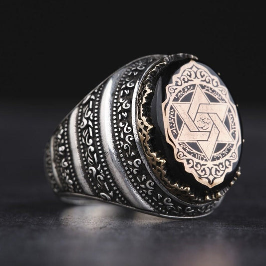 Black Amber Ring – Seal of Love Engraving | 925 Silver Men's Ring