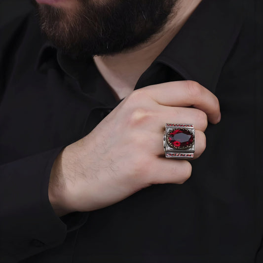 Knight Ring 925 Sterling Silver Red Zircon OttomanMen Handmade