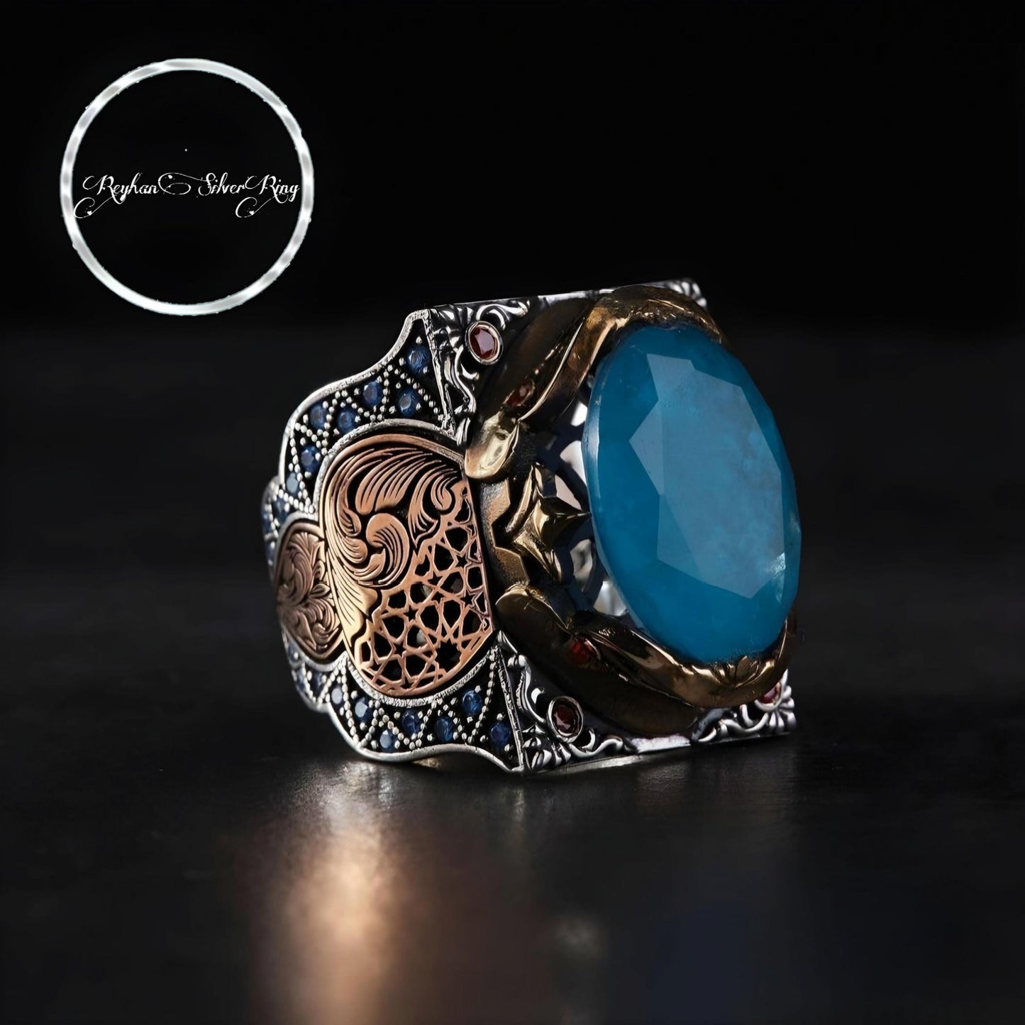Blue Paraiba Stone Ring 925 Silver Dark Zircon Unisex Handmade