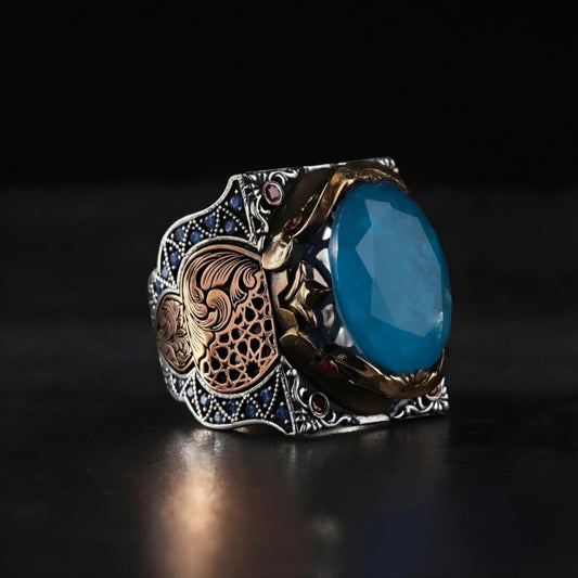 Blue Paraiba Stone Ring 925 Silver Dark Zircon Unisex Handmade