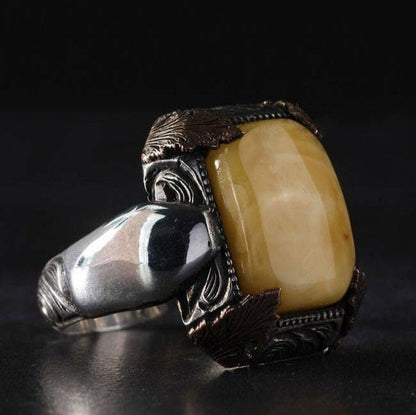 Yellow Amber Ring 925 Silver Drop Stone Handmade Men Statement