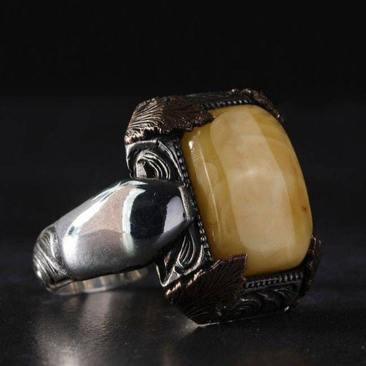 Yellow Amber Ring 925 Silver Drop Stone Handmade Men Statement