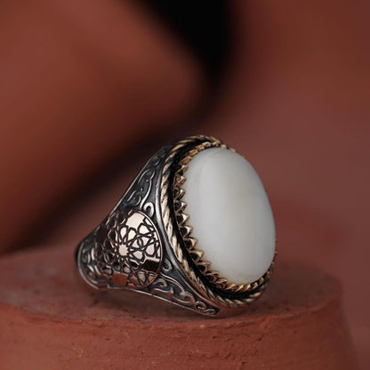 White Mother of Pearl Ring 925 Sterling Silver Engraved