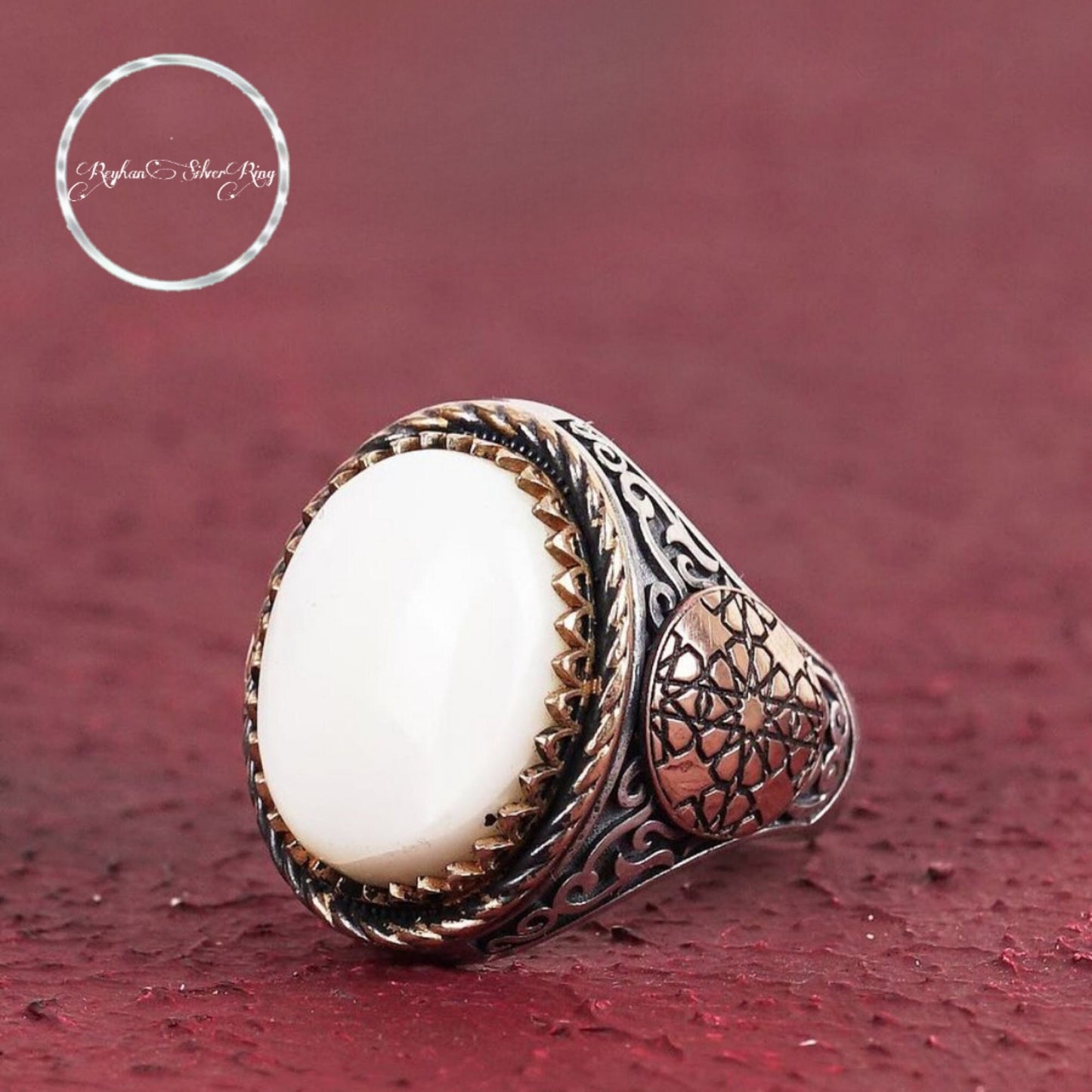 Ovaler Ring aus Sterlingsilber mit Perlmutt – handgefertigt und verstellbar