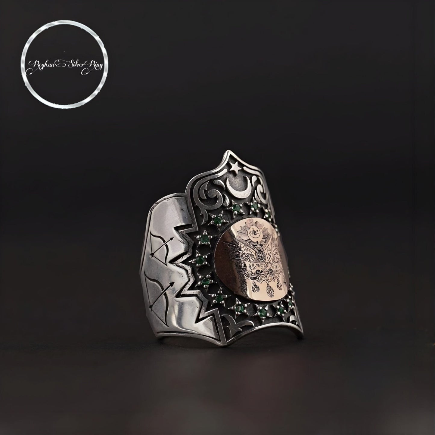 OttomanFlag Archer Thumb Ring 925 Sterling Silver Green Zircon Zihgir Handcrafted