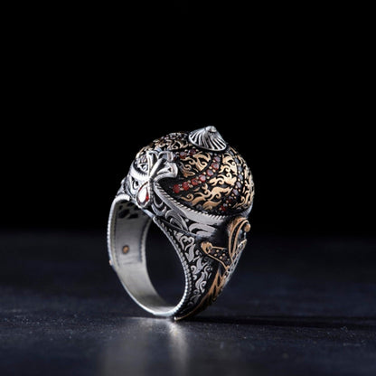 Red Zircon Ring 925 Silver Ottoman Helmet Handmade Men