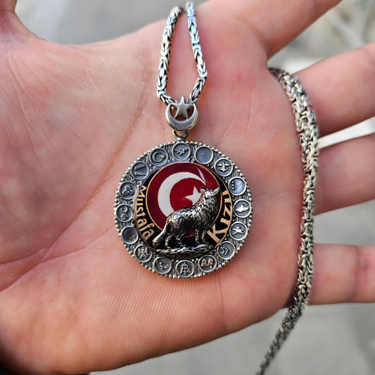 Wolf Crescent Moon Star Medallion Necklace – Personalized 925 Sterling Silver