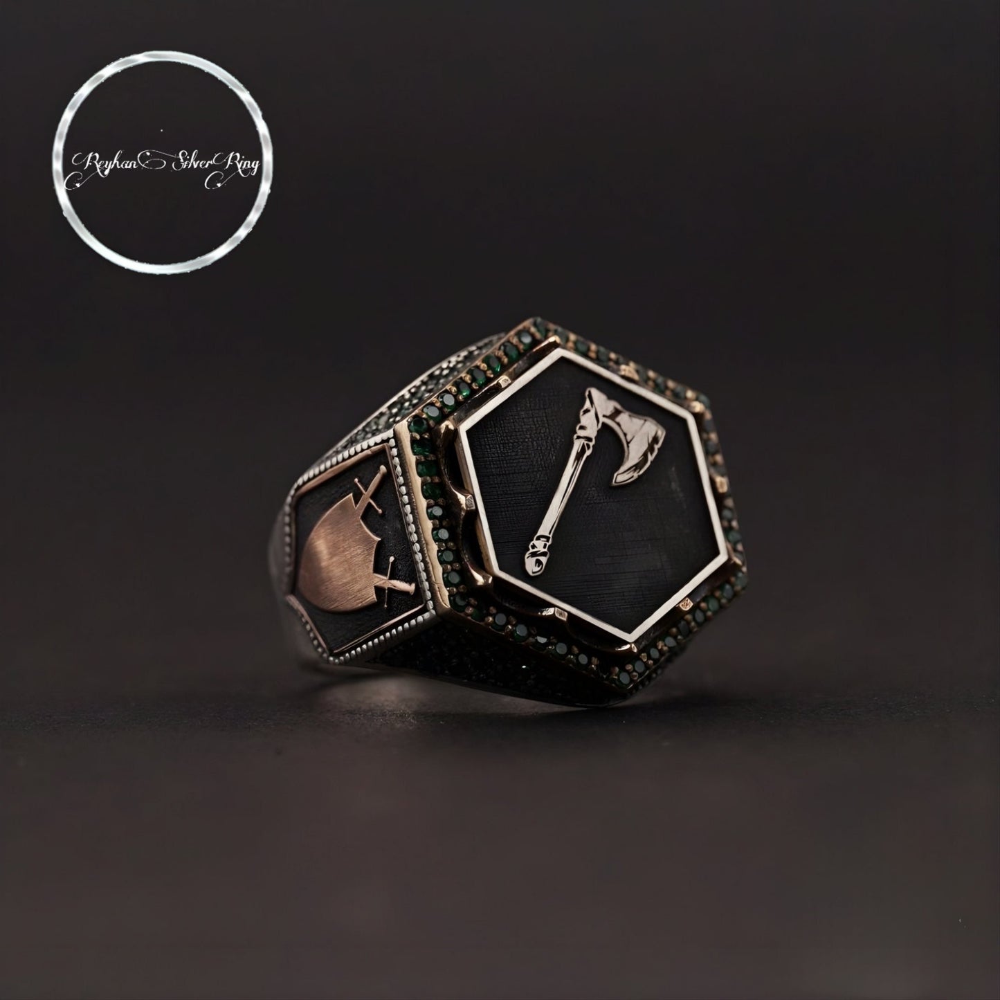 Viking Axe Ring 925 Silver Green Zircon Ottoman Handmade Men