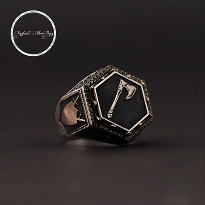 Viking Axe Ring 925 Silver Green Zircon Ottoman Handmade Men