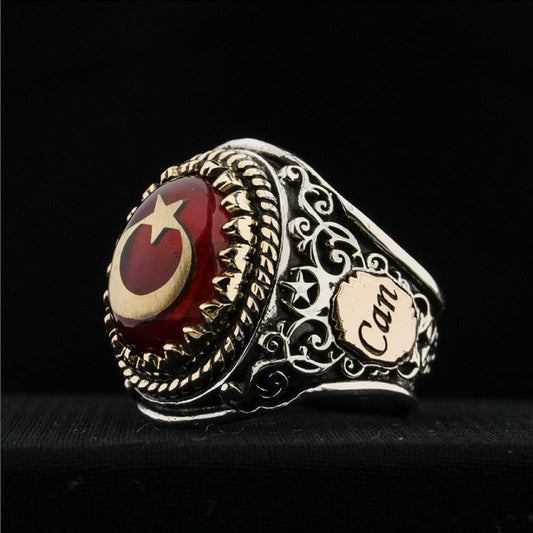 Red Fire Amber Star Crescent Sterling Silver Ring